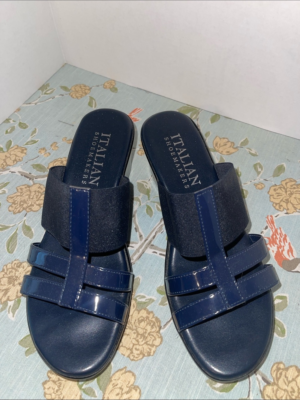 NWOT Italian Shoemakers Navy Patent & Matte High Heeled Slip-on Sandals